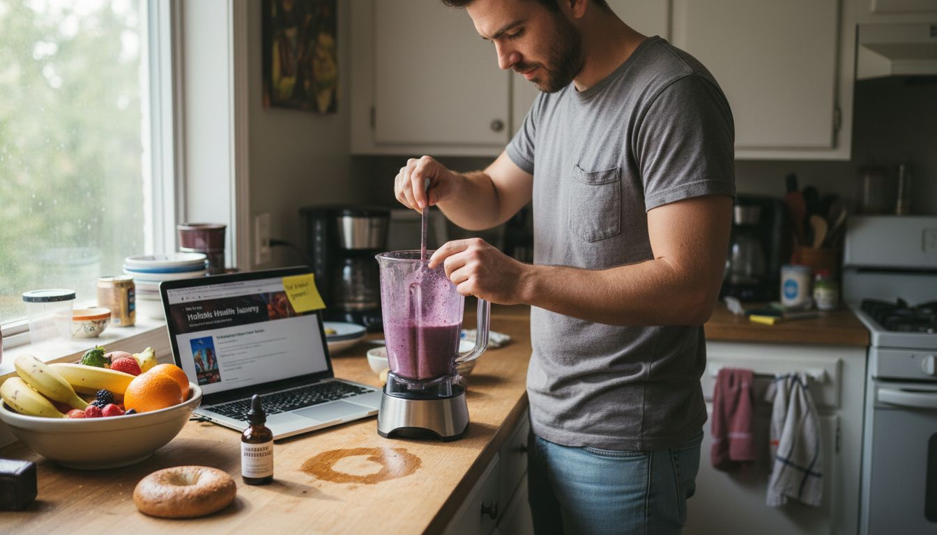 Man preparing cannabis-infused wellness smoothie
