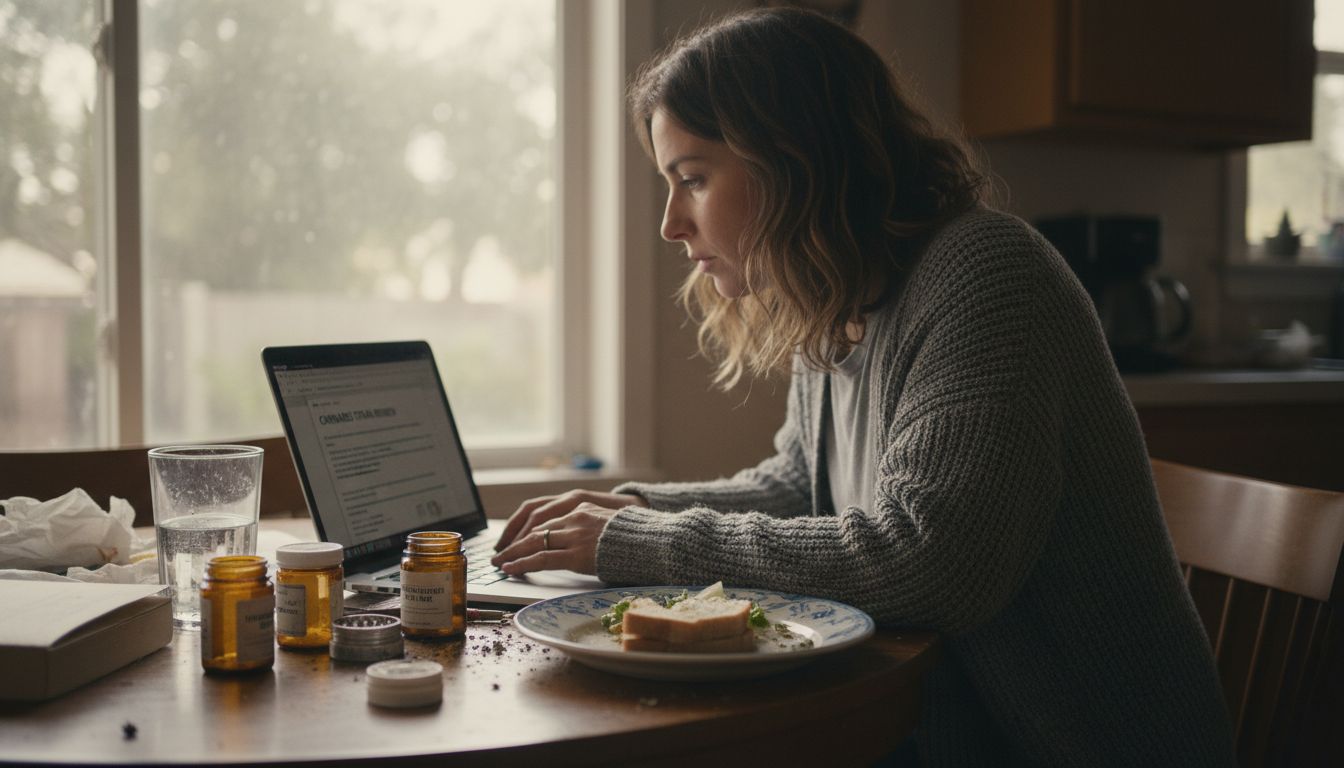 Woman typing cannabis review at dining nook