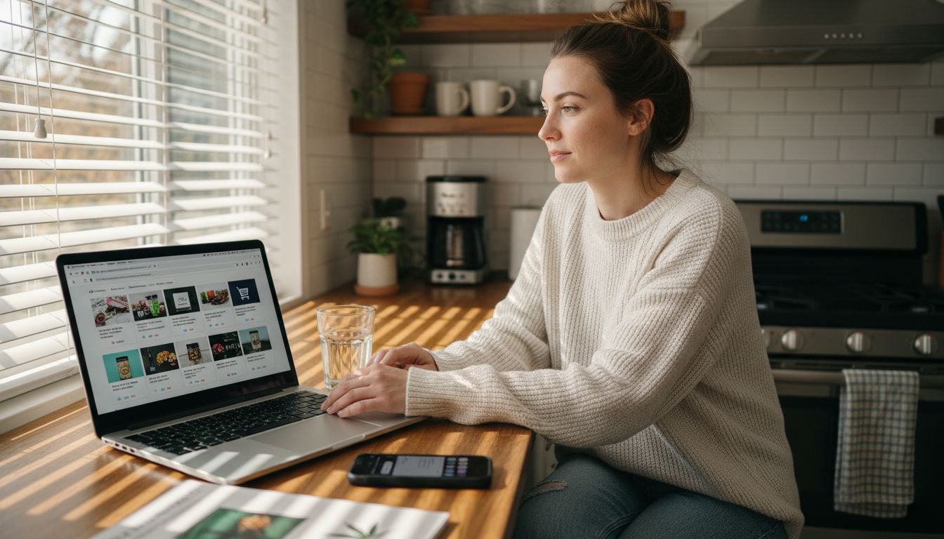Woman browsing online cannabis marketplace at kitchen counter
