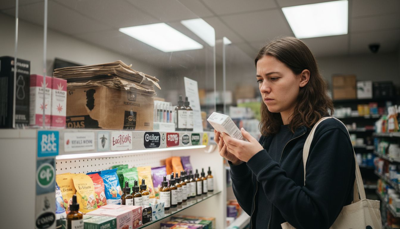 Woman examining legal cannabis product shelf