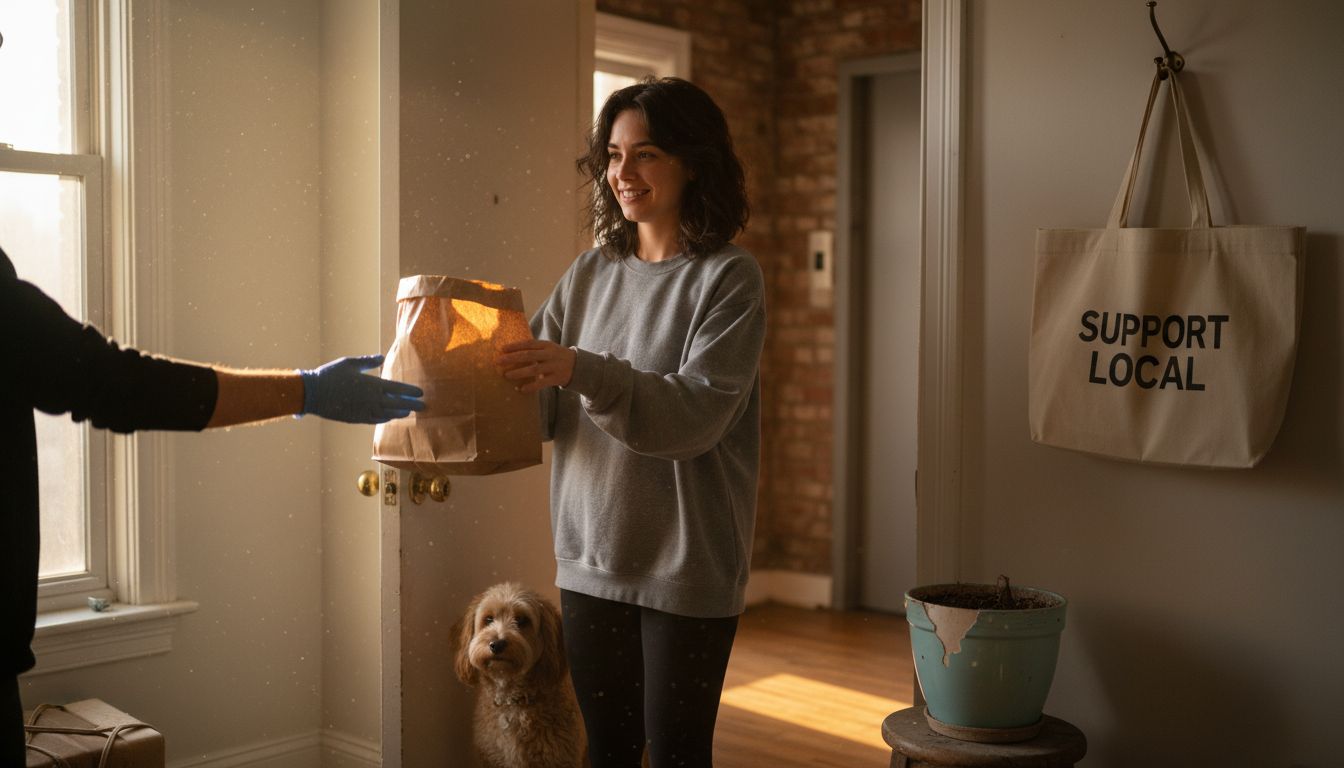 Woman receives delivery at apartment door