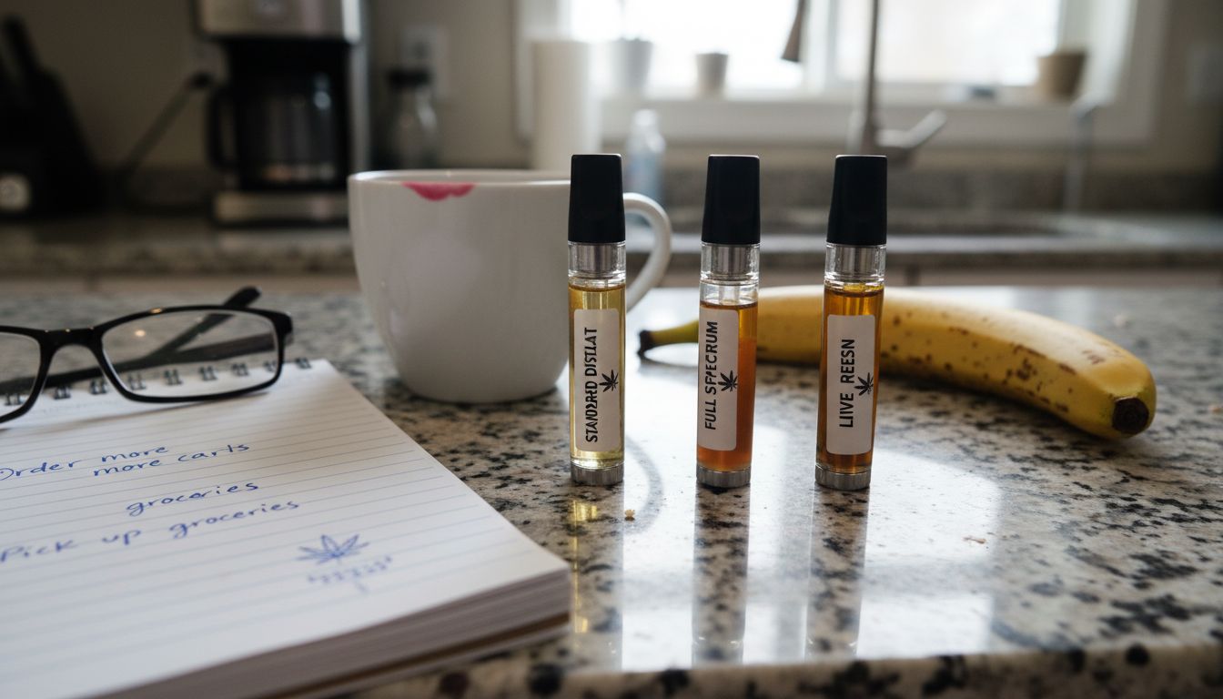 Different cannabis cartridge types displayed on counter