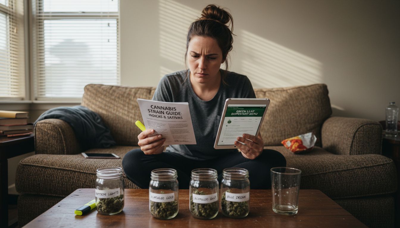 Woman comparing strain guide and cannabis products