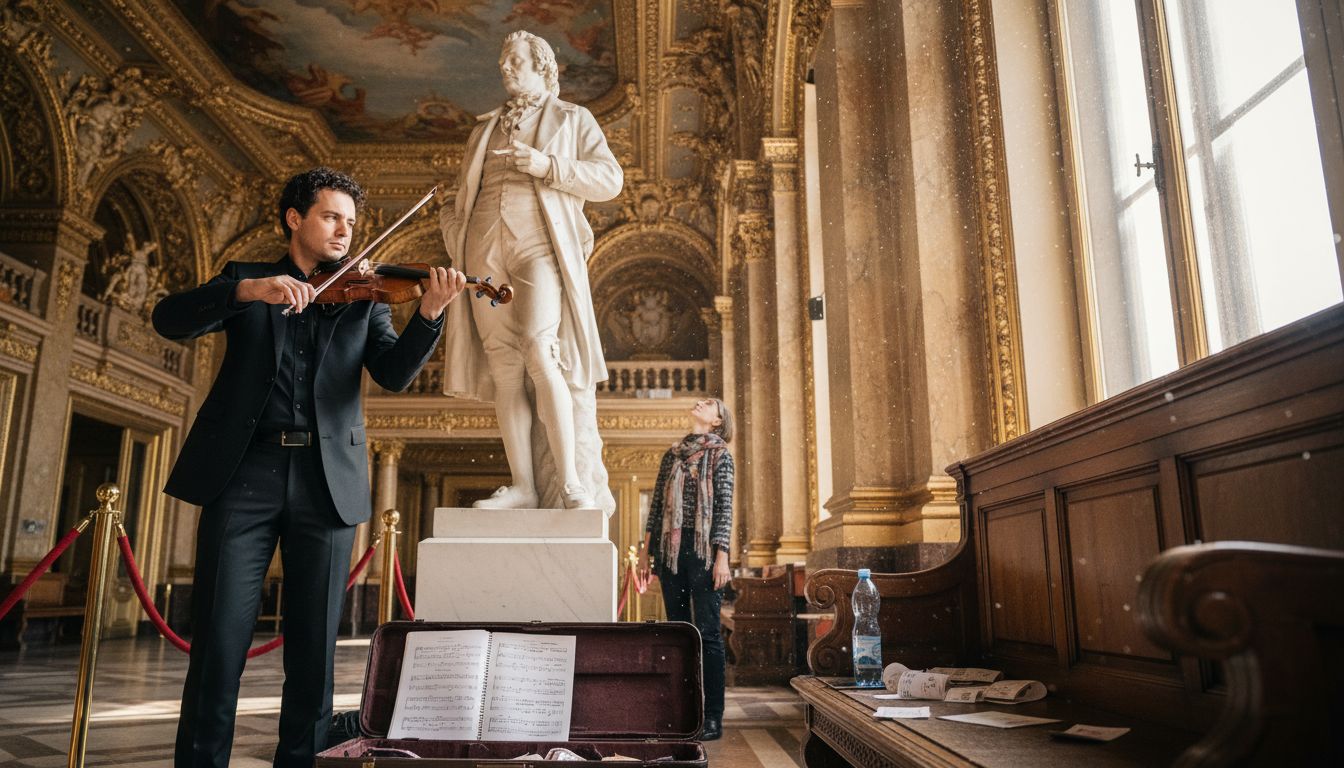 Musician tuning violin in Vienna concert hall