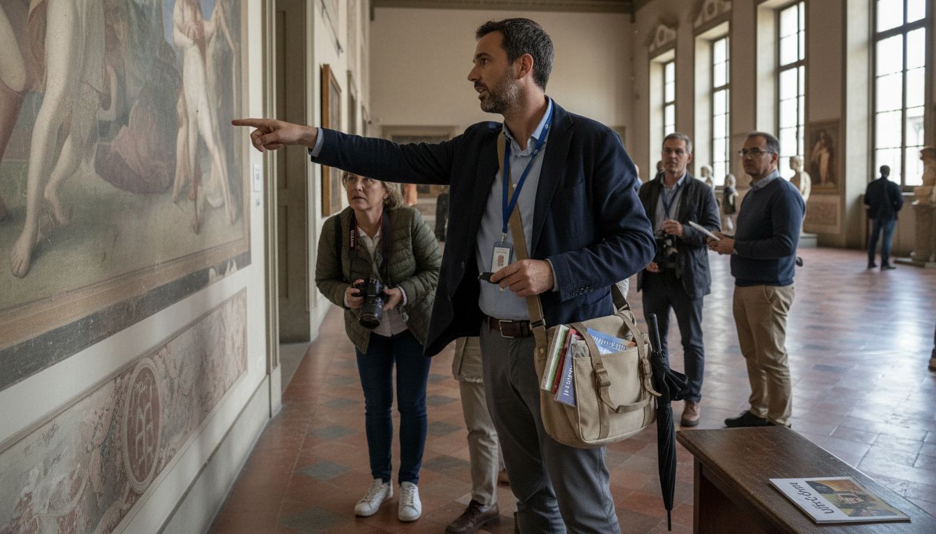 Tour guide explains artwork in gallery