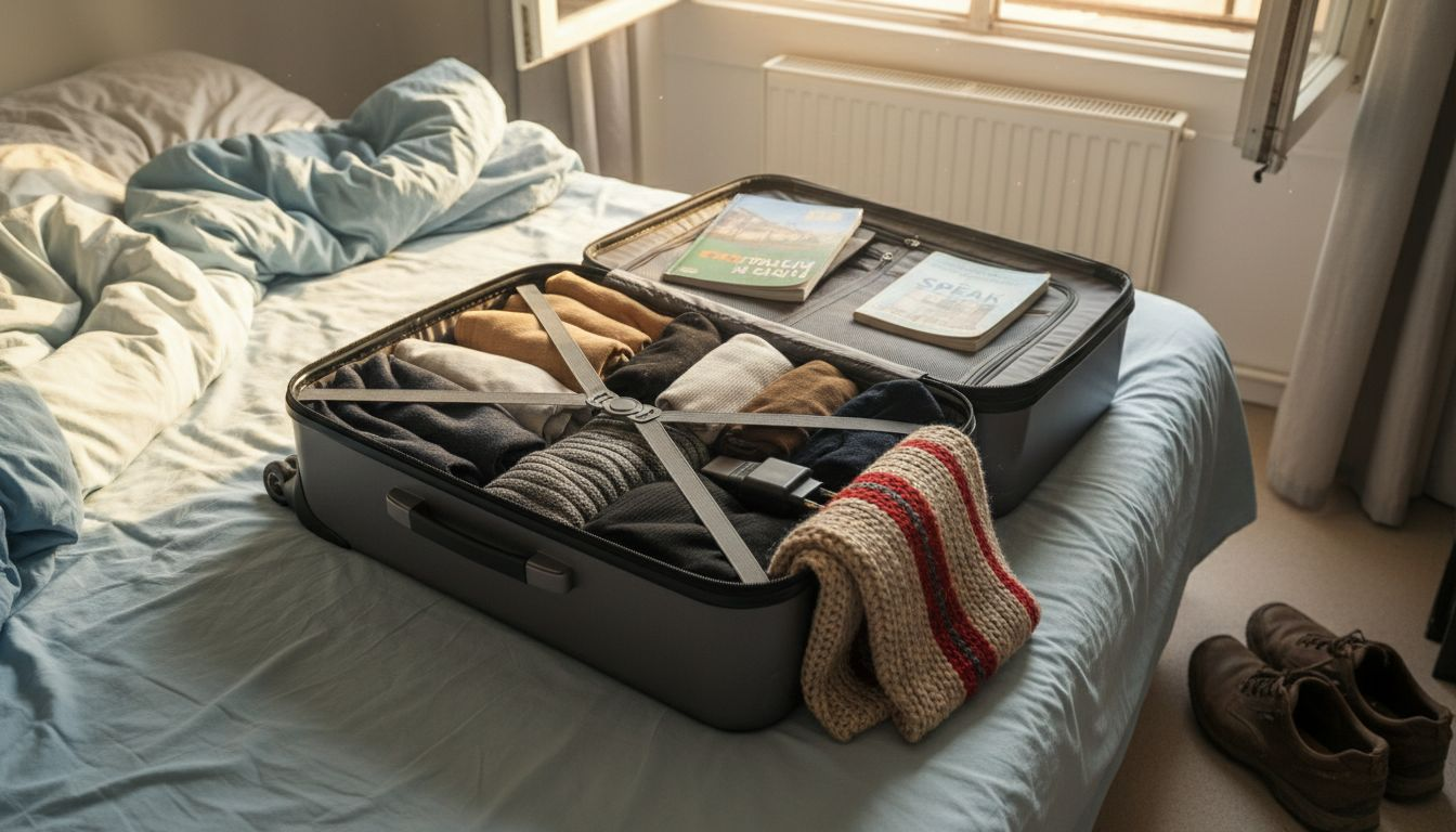 Open suitcase packed for Prague trip