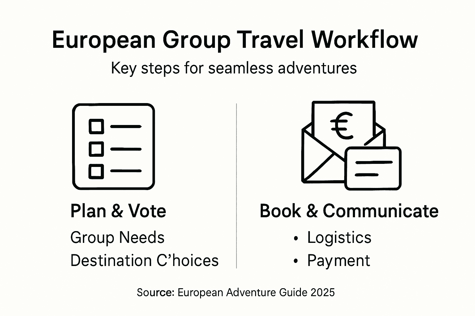 Infographic summarizing group travel workflow steps