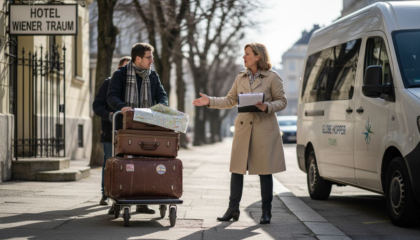 Tour coordinator organizes luggage outside hotel