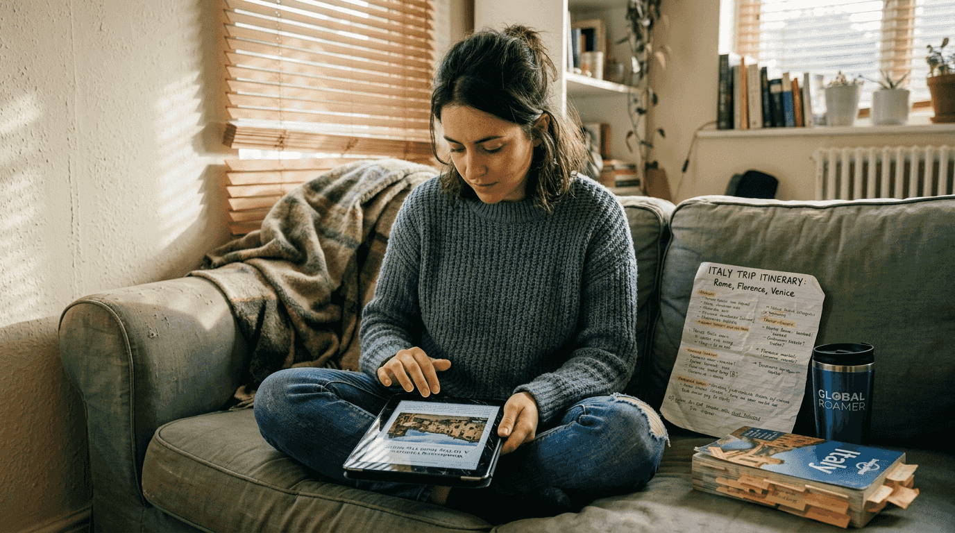 Woman researching Europe tour options