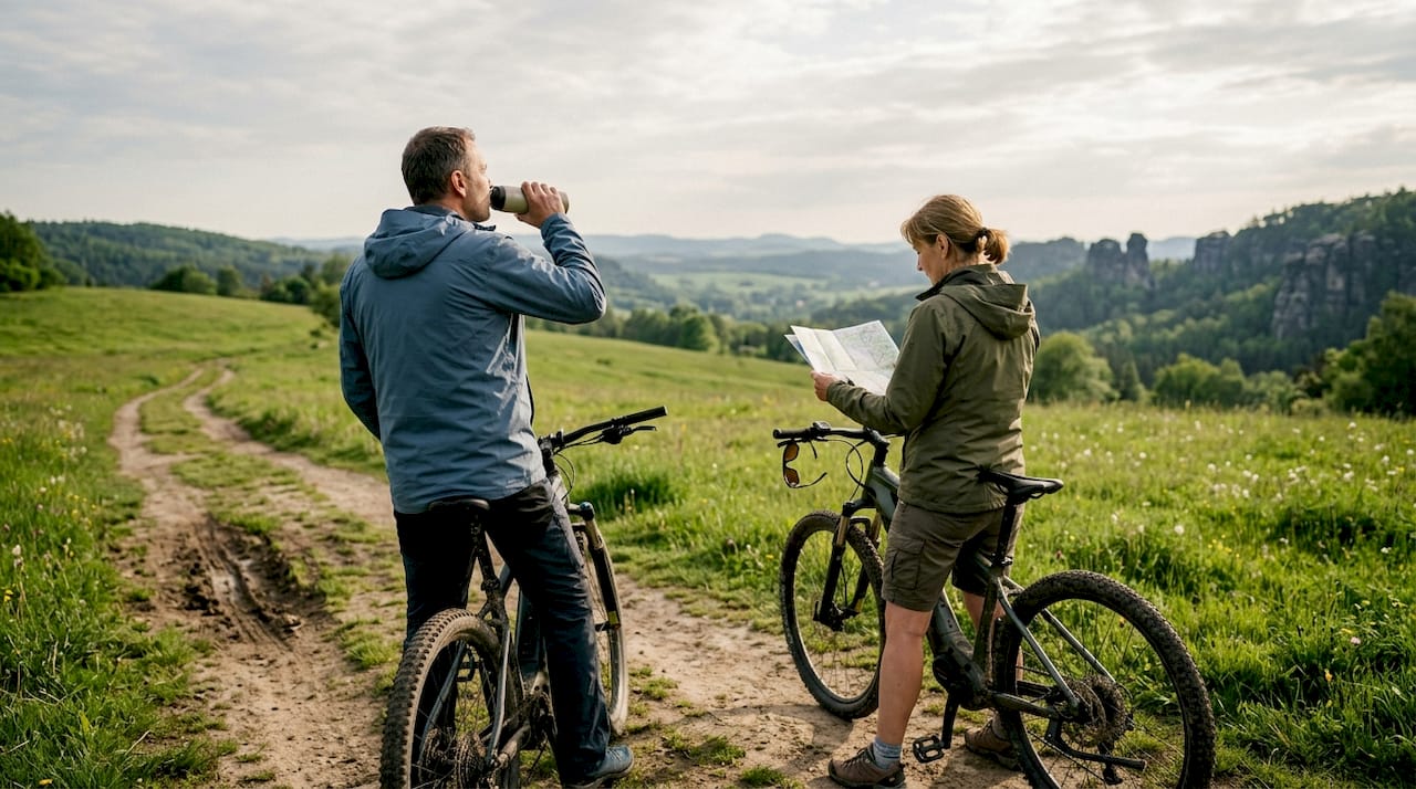 Cyclists resting on Bohemian countryside trail