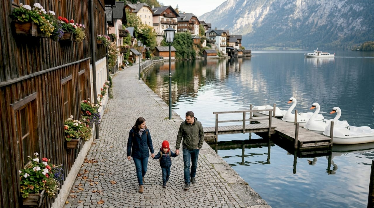 Family walking by Hallstatt lakeside village