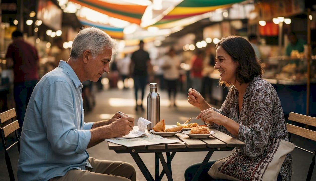 Travelers tasting local street food at market