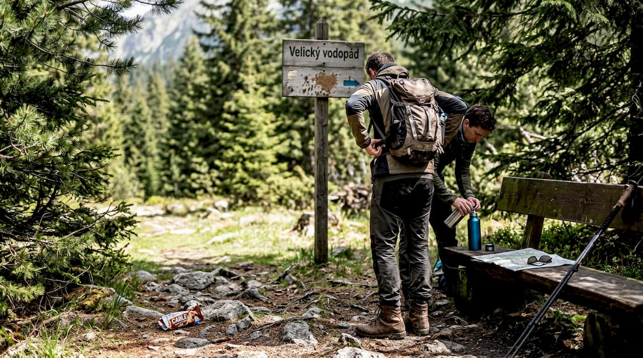 Hikers at forest trailhead in High Tatras
