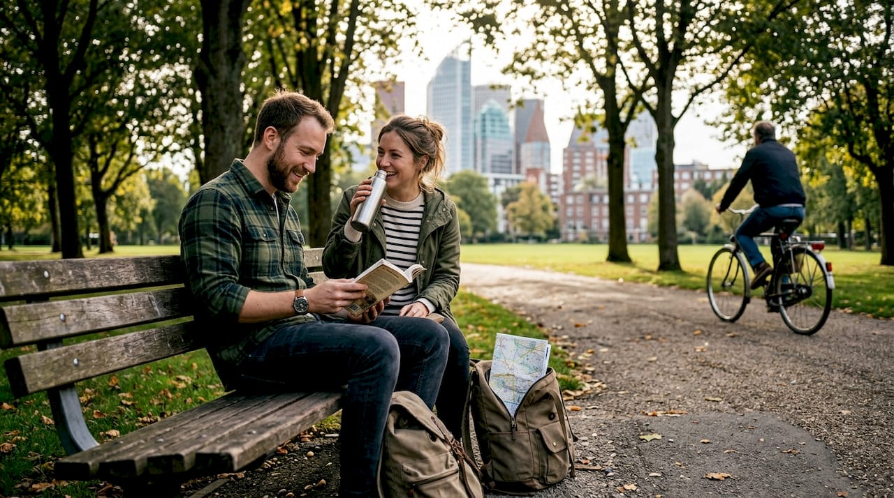 Travelers planning nature and city sightseeing