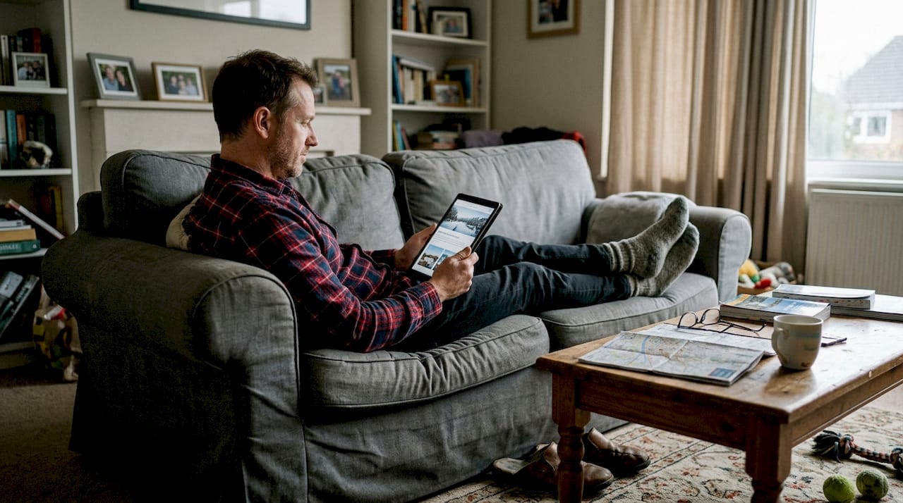 Man researches Europe winter destinations on tablet