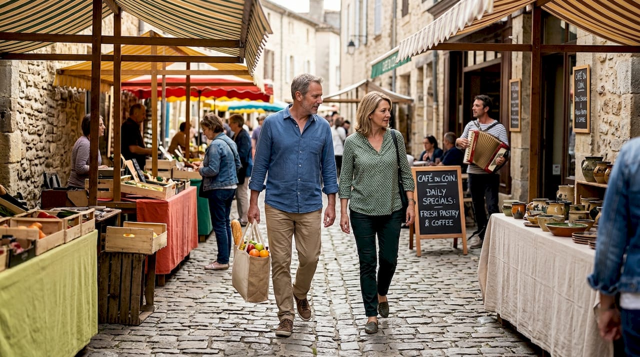 Couple exploring European market street on day trip