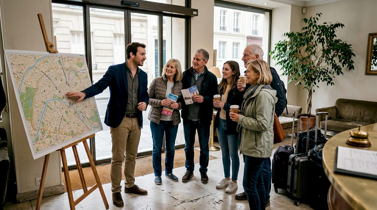 Tour group orientation in Paris hotel lobby