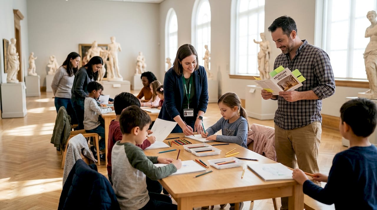 Families participating in museum activity together