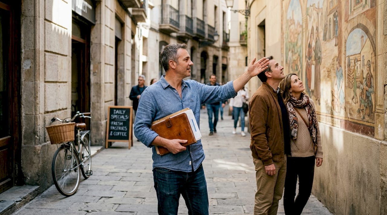 Couple and guide touring historic European street