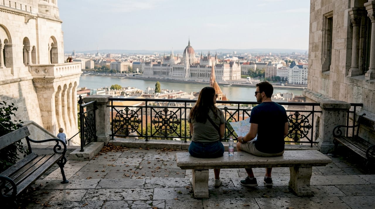Tourists view Budapest from Buda Castle