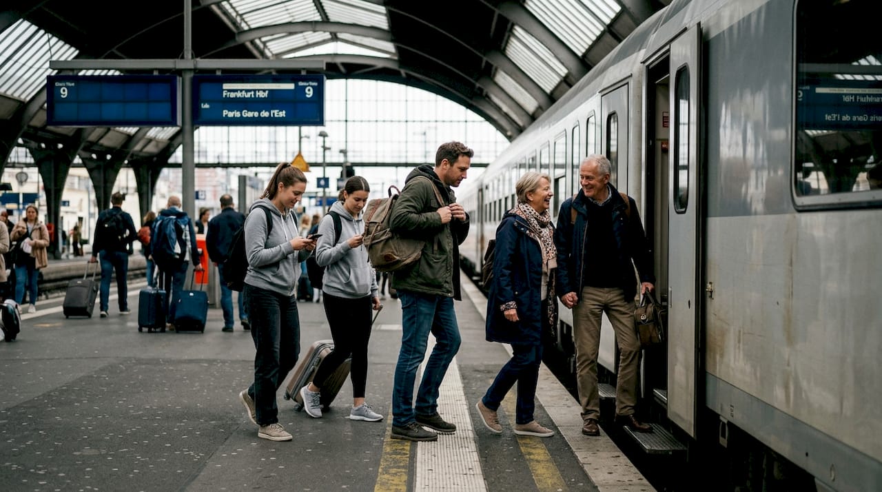 Tour group boarding train at European station