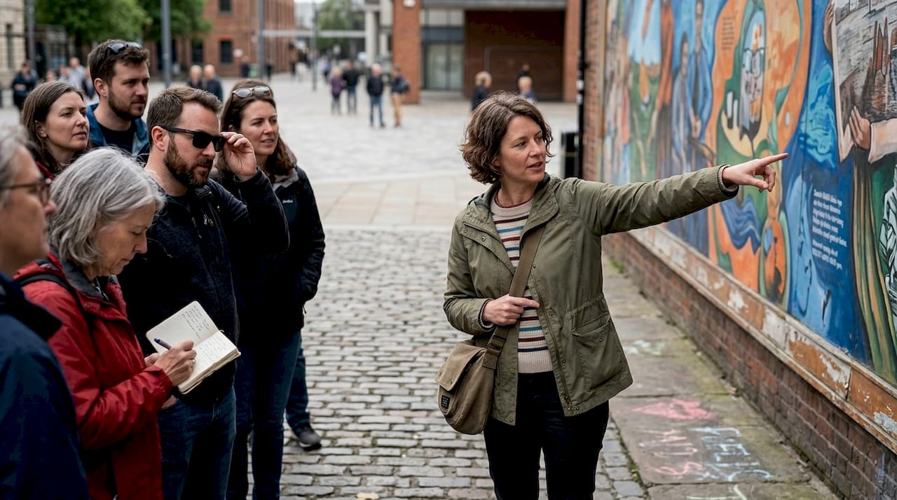 Guide explaining mural to city tourists