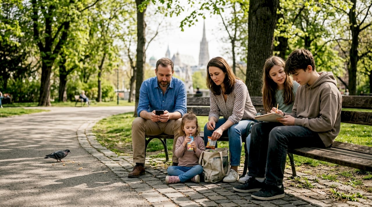 Family relaxing on city park bench during tour