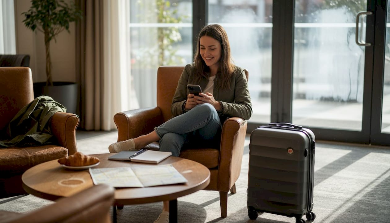Solo traveler relaxing in casual hotel lounge