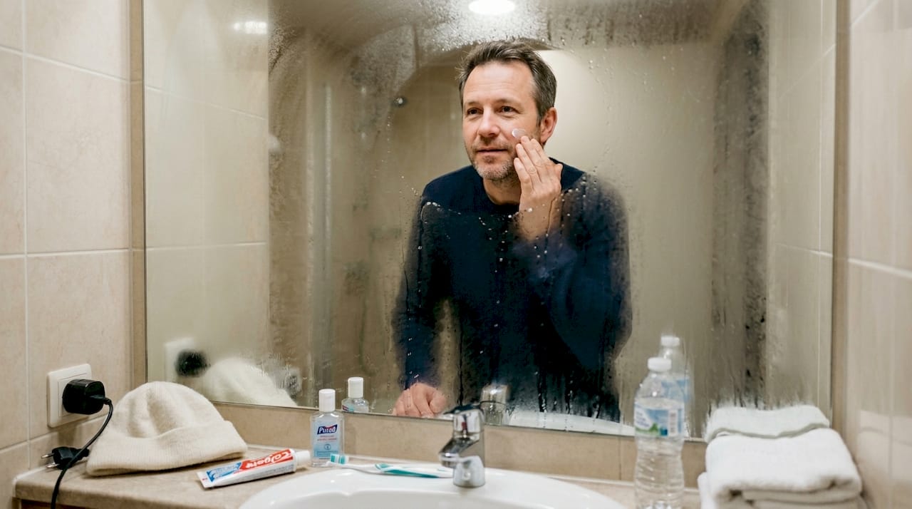 Traveler using skincare in winter hotel bathroom