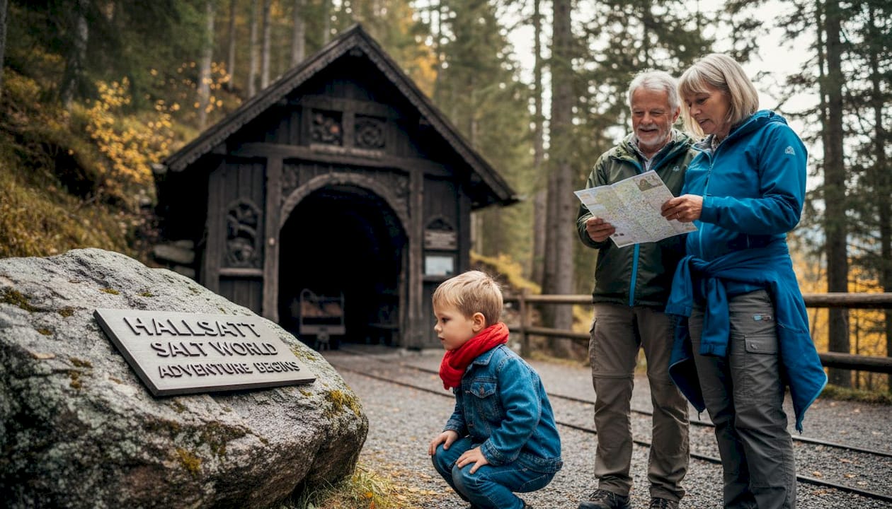 Visitors gathered at Hallstatt salt mine entrance