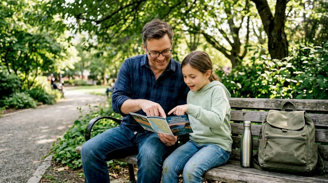Father and daughter review nature tour brochure