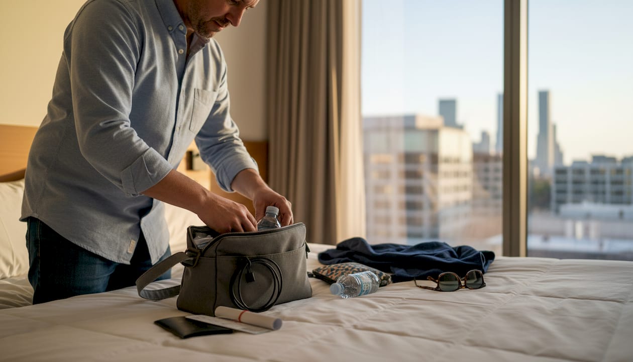Traveler packing essential items in day-bag