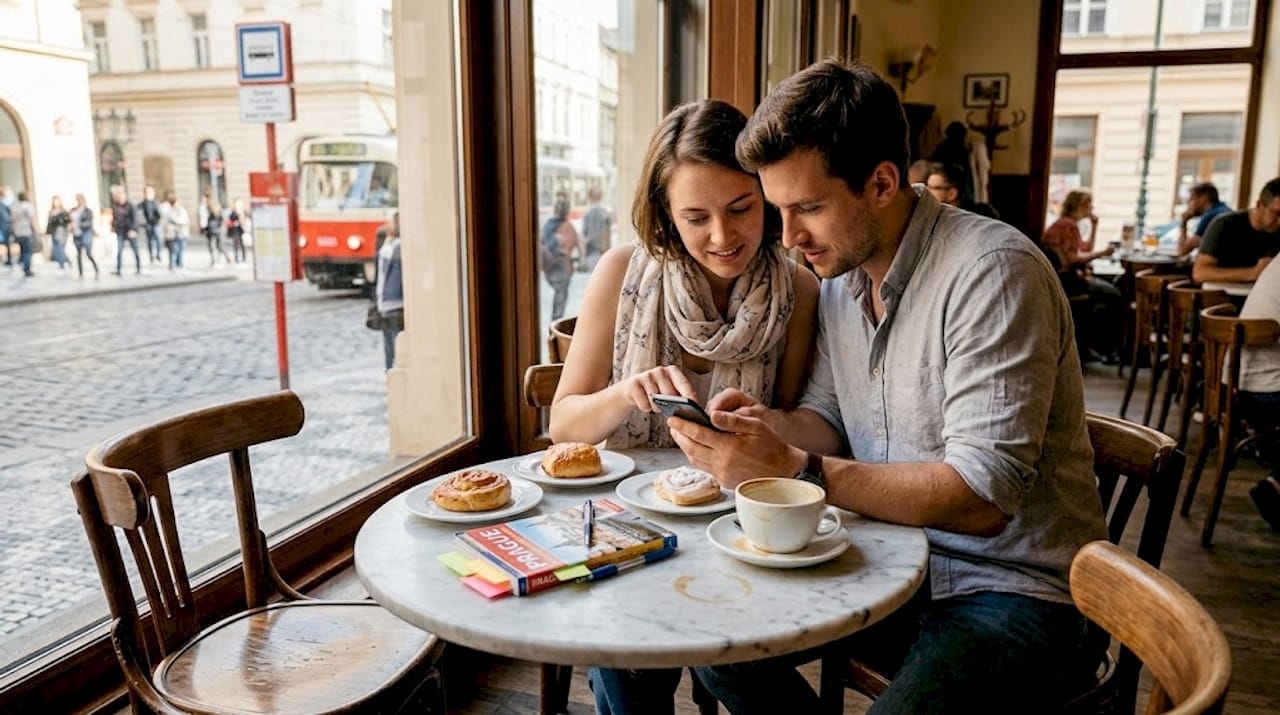 Couple planning in Prague café