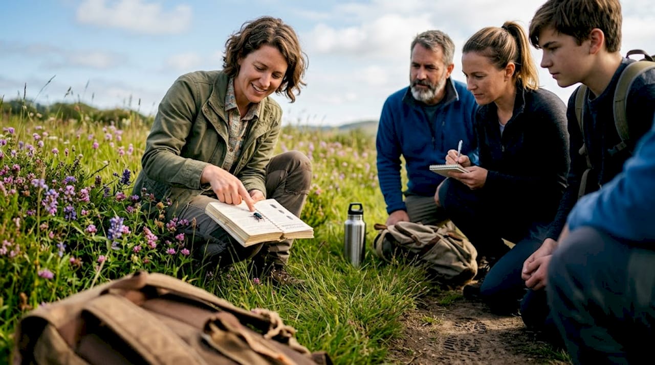 Nature guide teaching visitors in meadow