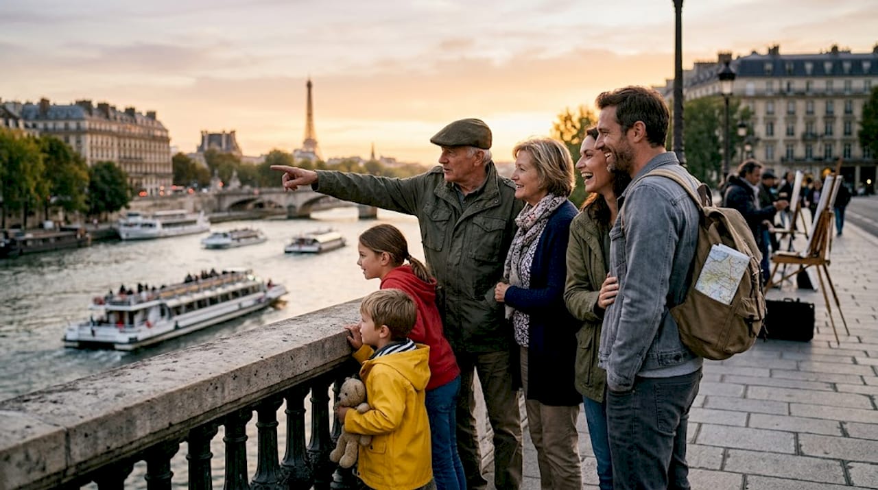 Family sharing moment overlooking Paris river