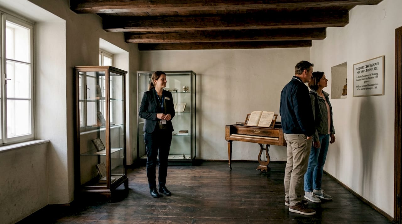 Visitors learning inside Mozart birthplace museum