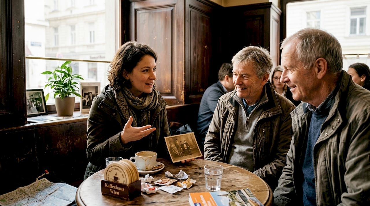 Guide tells story in cozy European café