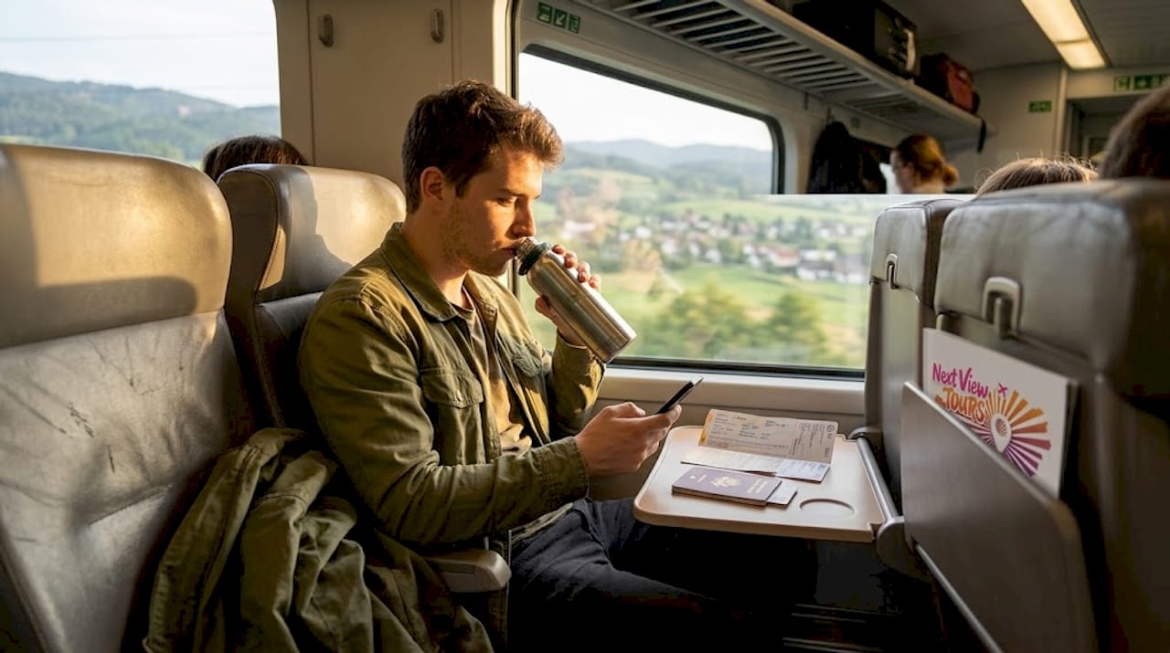 Traveler using Eurail pass on train