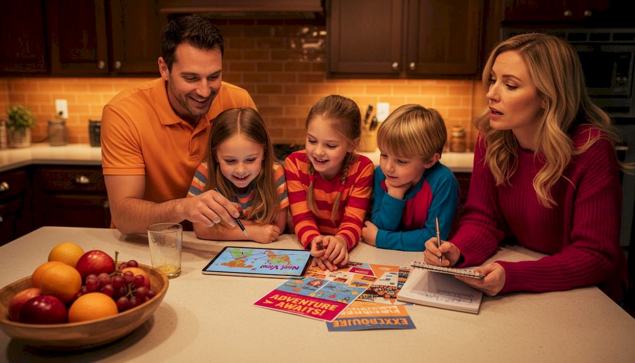 Family gathered at kitchen island with travel plans