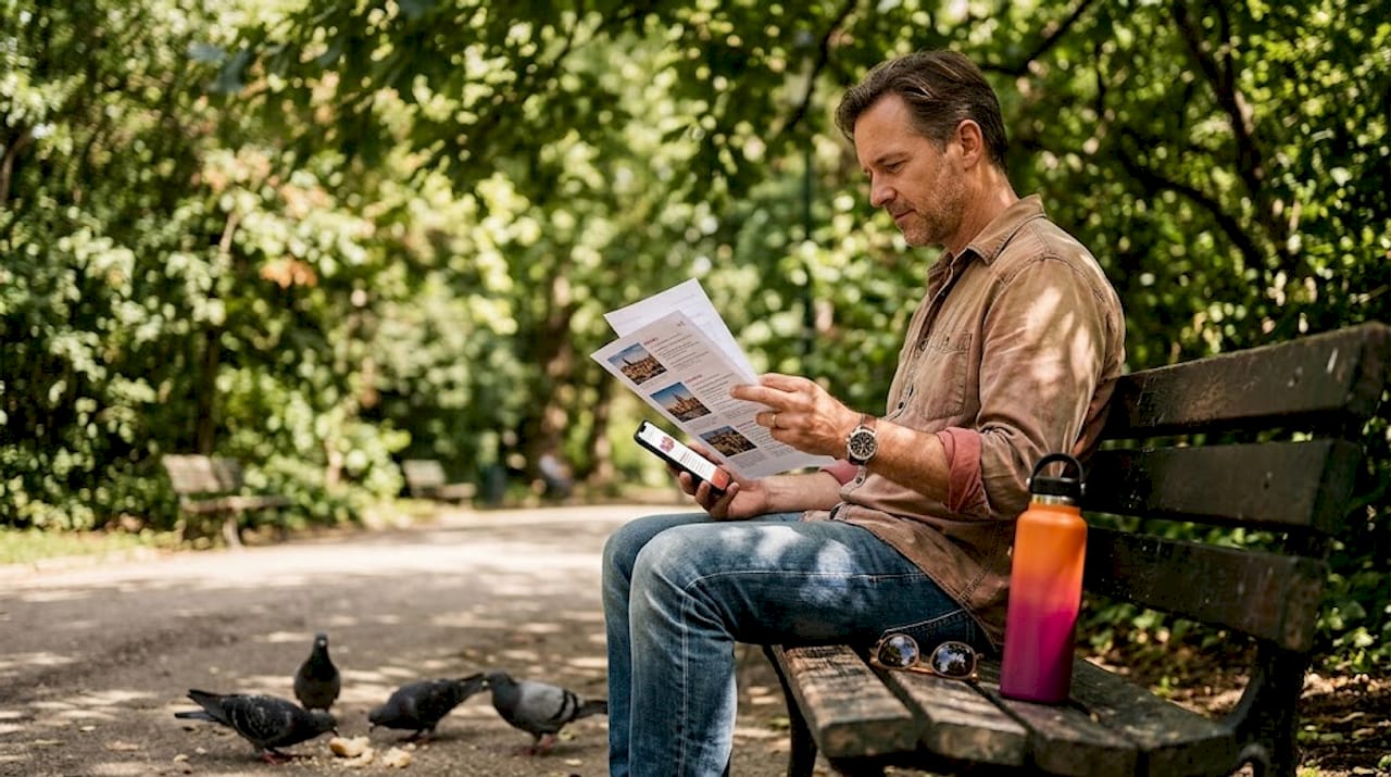 Man comparing tour itineraries on park bench