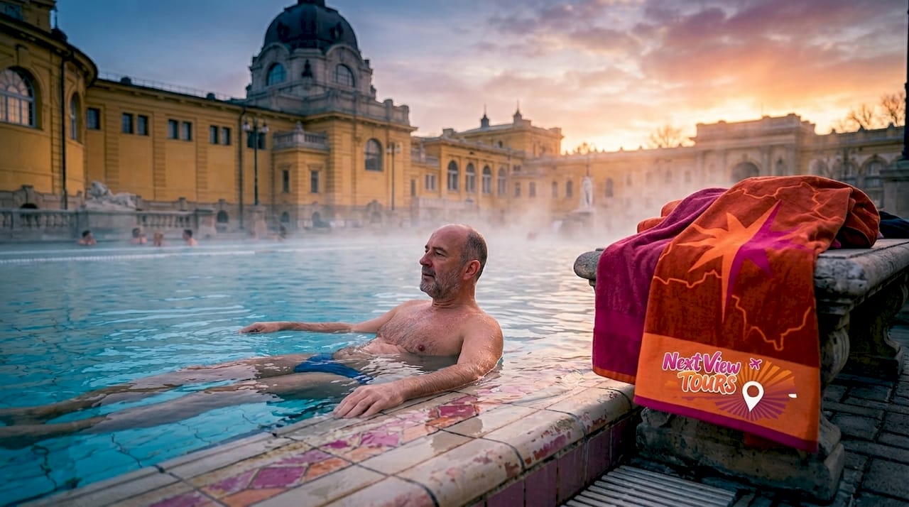 Man relaxing in Budapest thermal bath