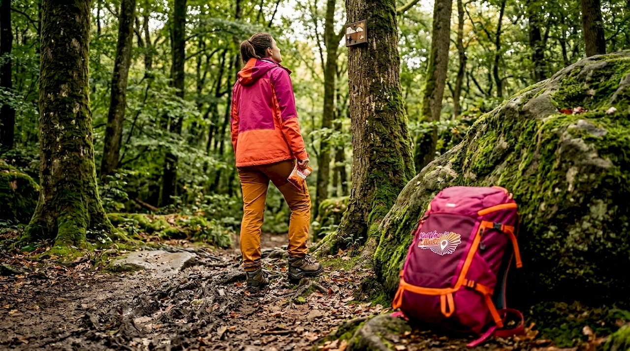 Hiker pauses on muddy forest trail