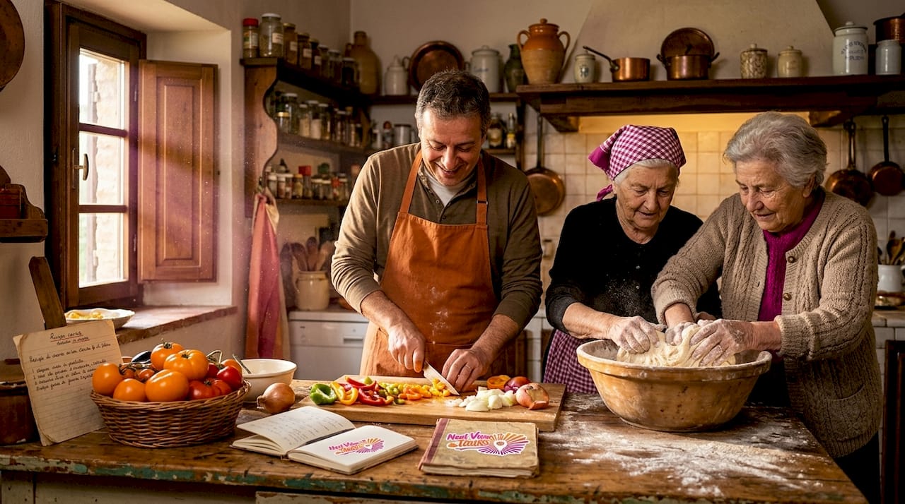 Locals preparing meal in Tuscan kitchen
