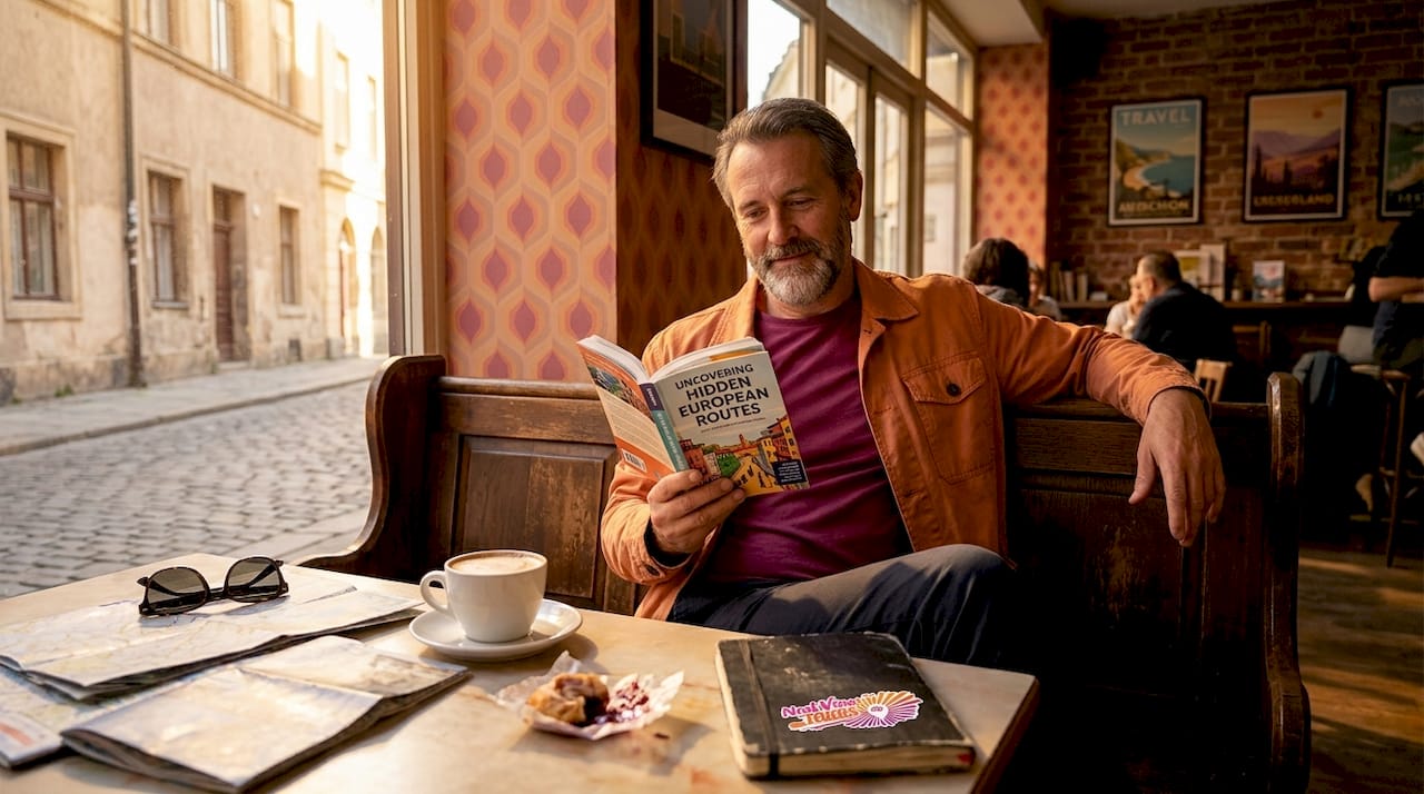Man reading travel guide in European café