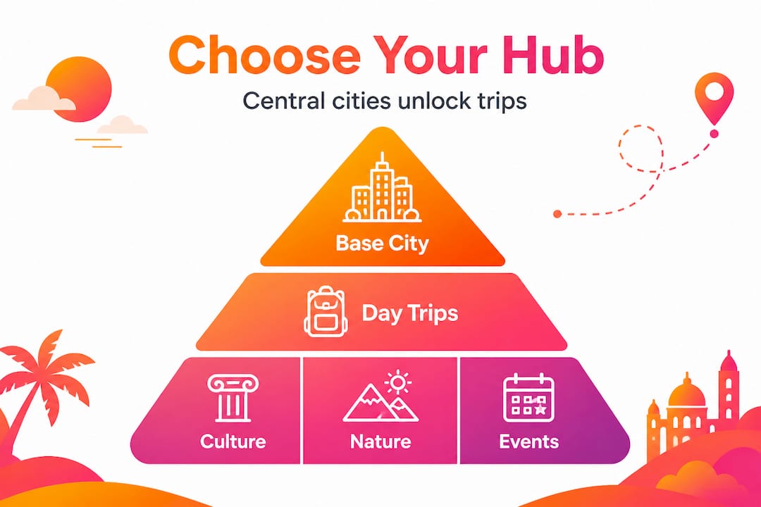 Infographic showing hub-and-spoke strategy for day trips