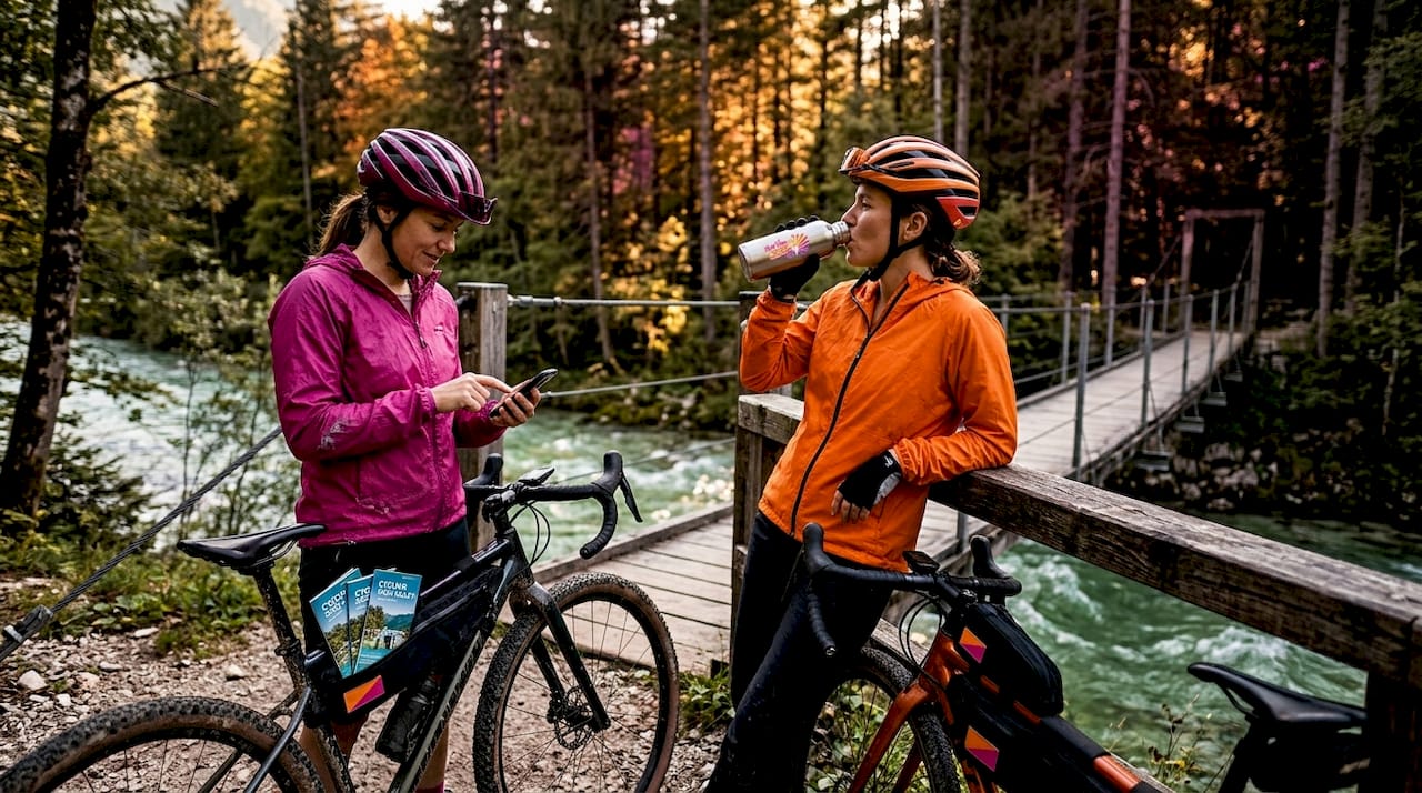 Cyclists resting by Soča River bridge