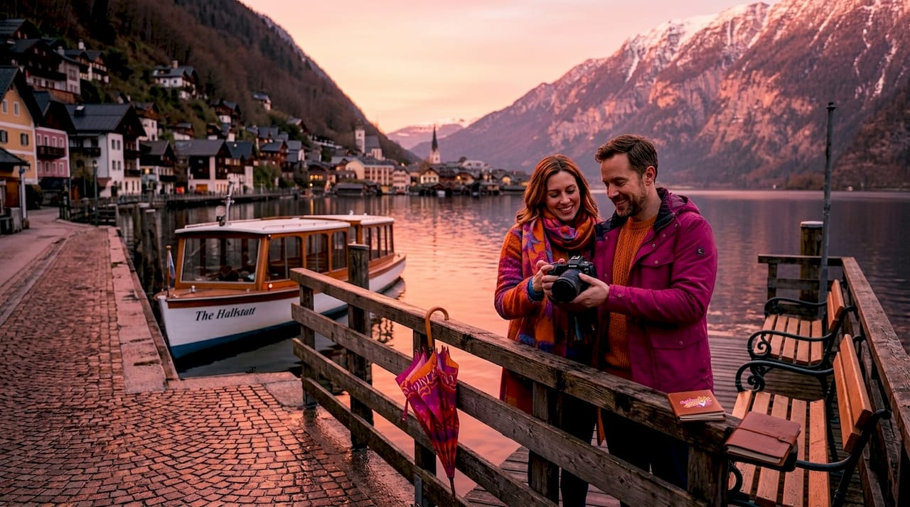 Couple reviews photos at Hallstatt ferry dock