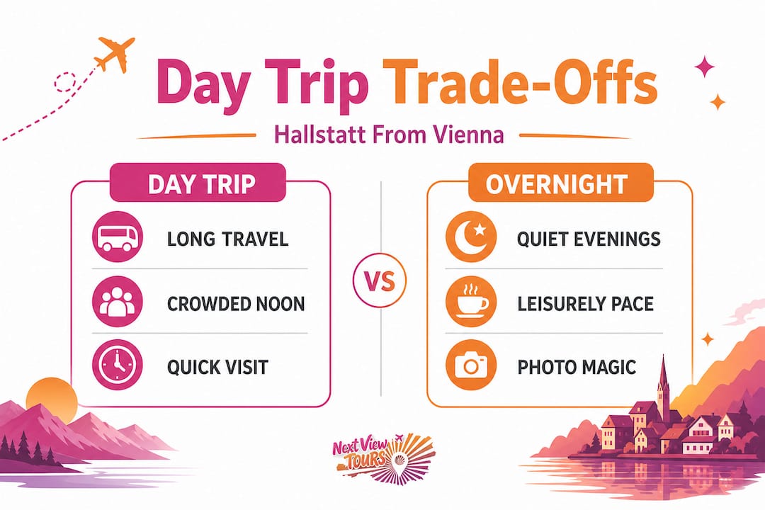 Infographic comparing Hallstatt day trip pros and cons