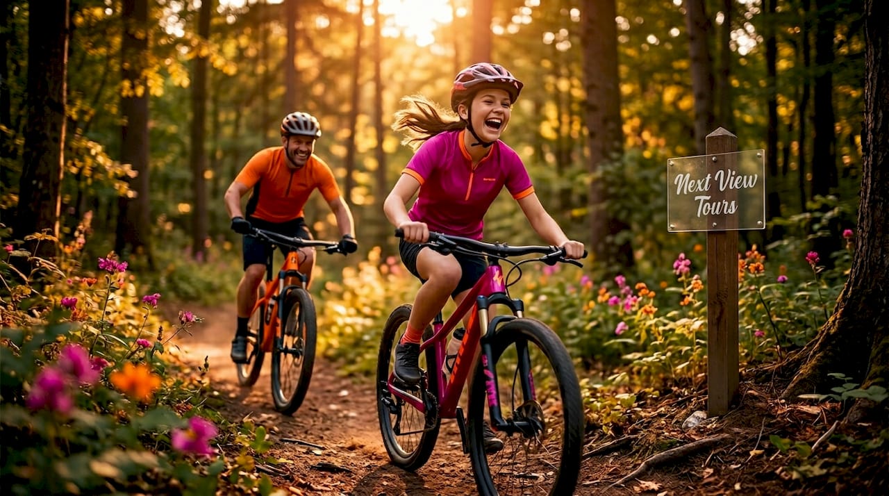 Family biking adventure in European forest