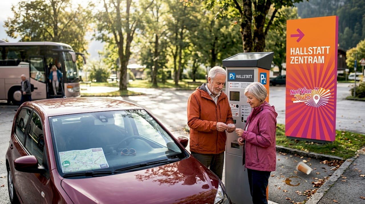 Visitors using Hallstatt parking ticket machine